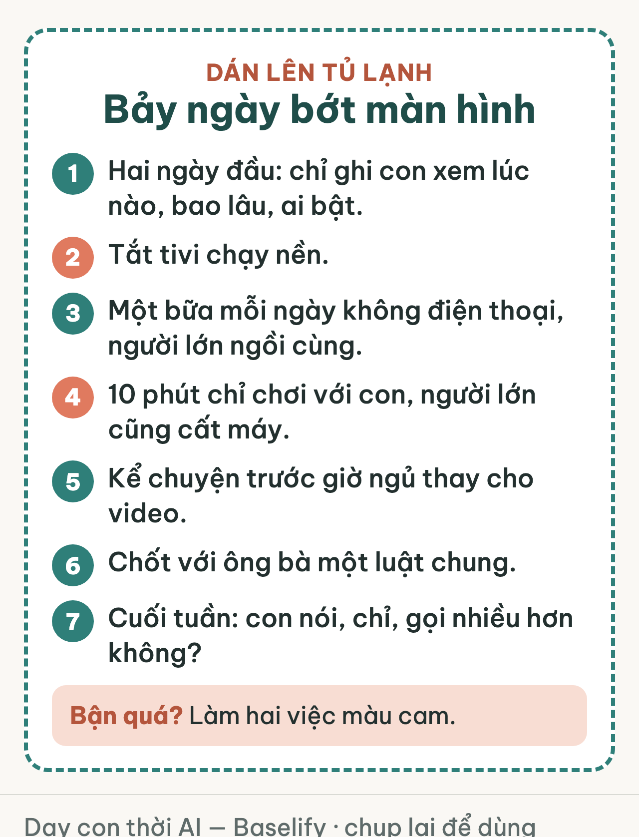 Thẻ bảy việc trong bảy ngày để bớt tivi, điện thoại cho trẻ 0-3 tuổi