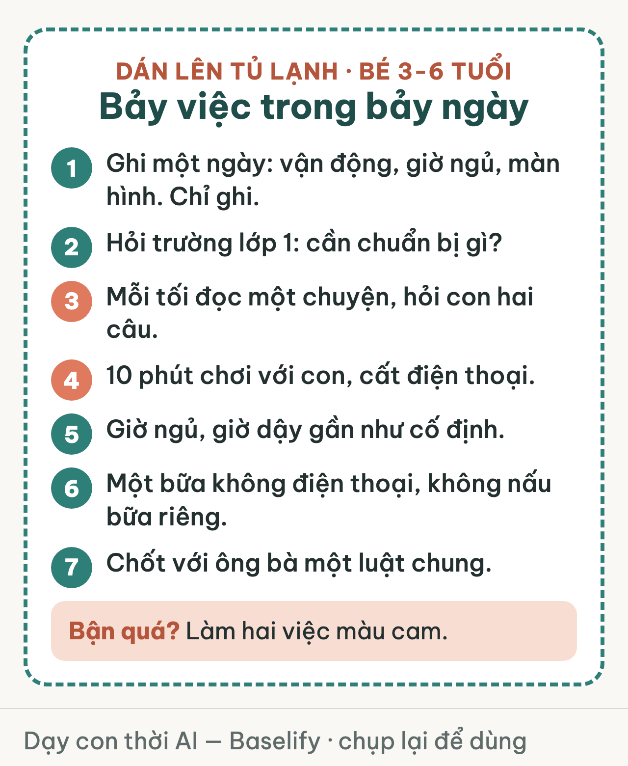 Thẻ bảy việc trong bảy ngày cho cha mẹ bé 3-6 tuổi